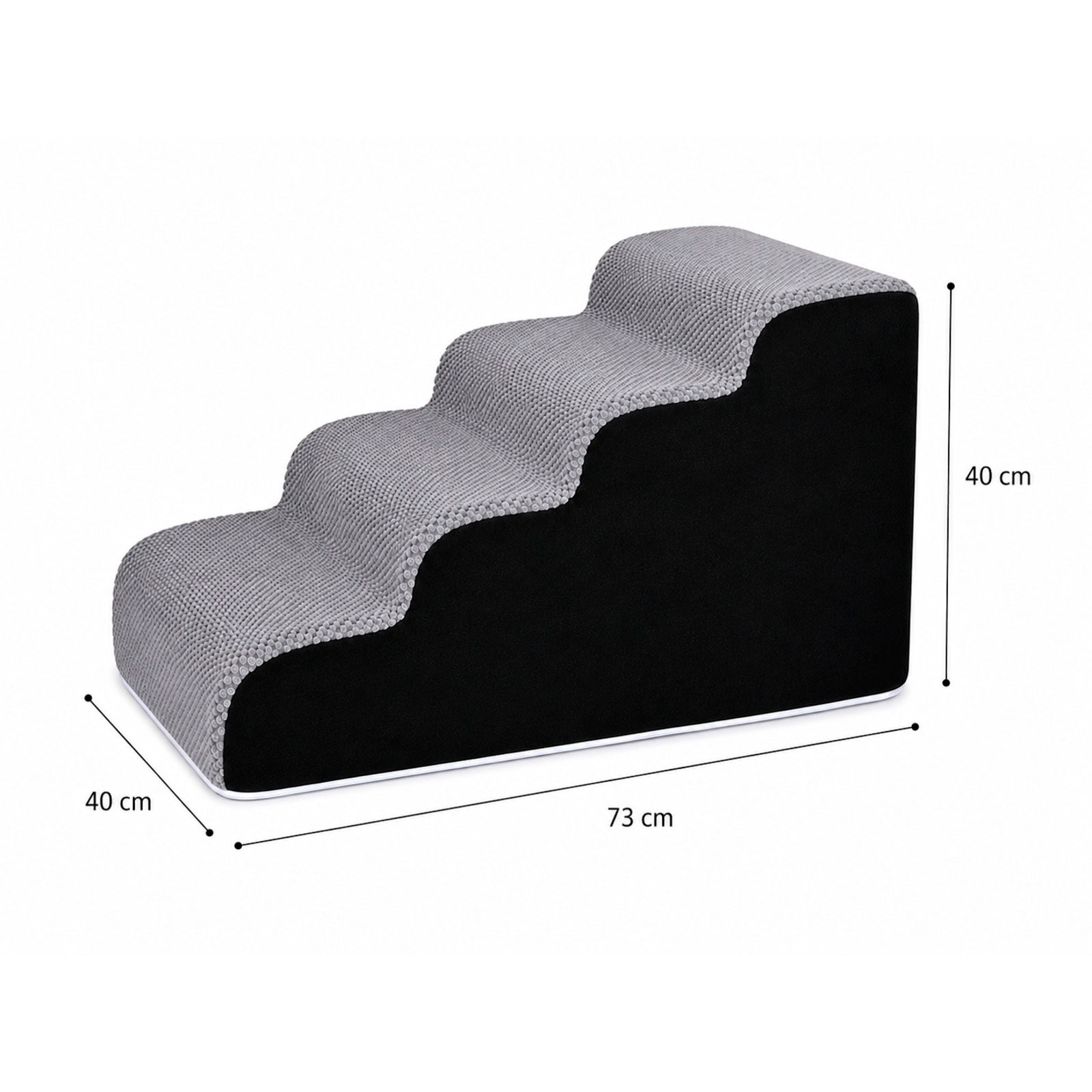 Escaleras grises para perros de tres peldaños, lados negros, 73x40x40 cm.
