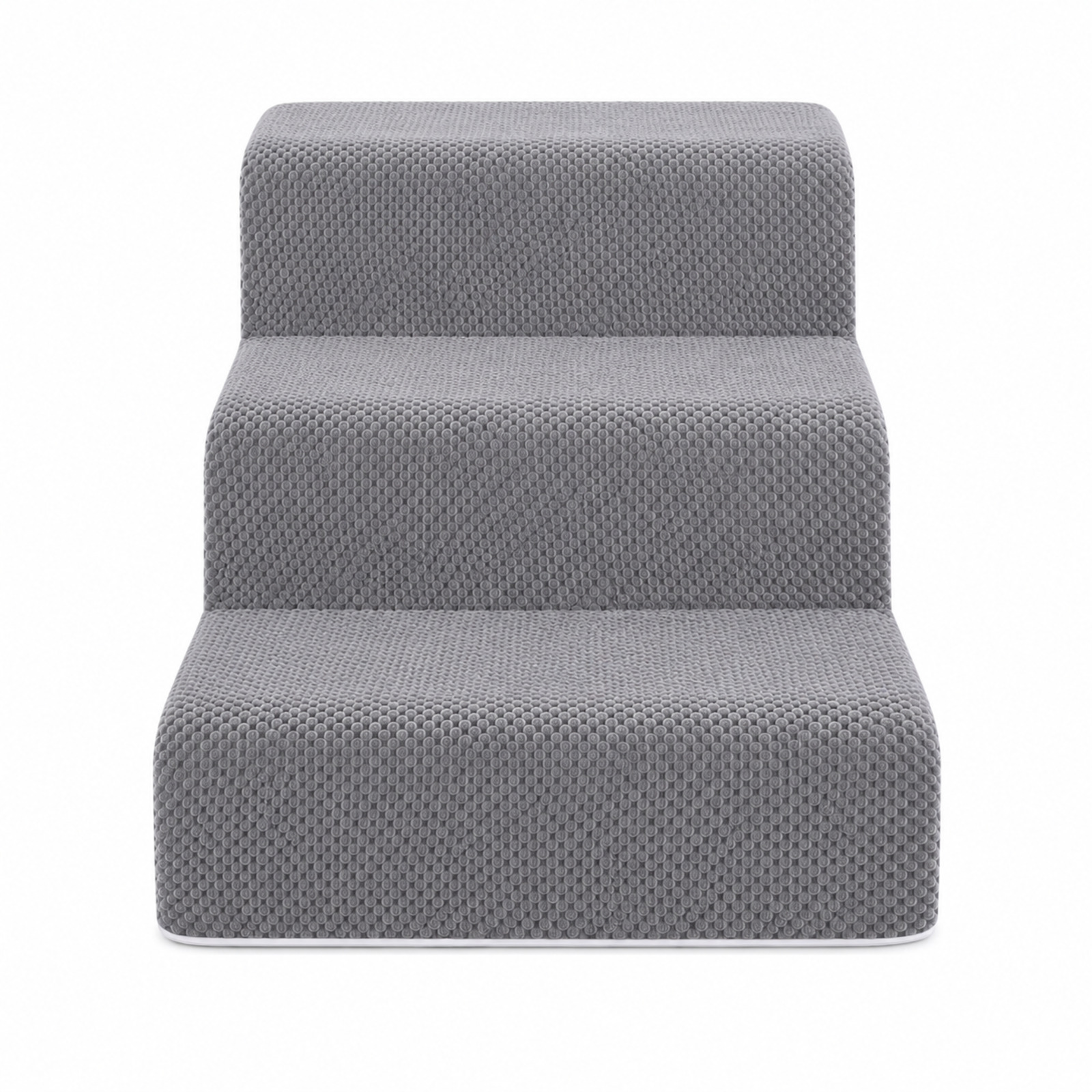 Escalera gris de tres peldaños para perros con borde blanco, fondo blanco.