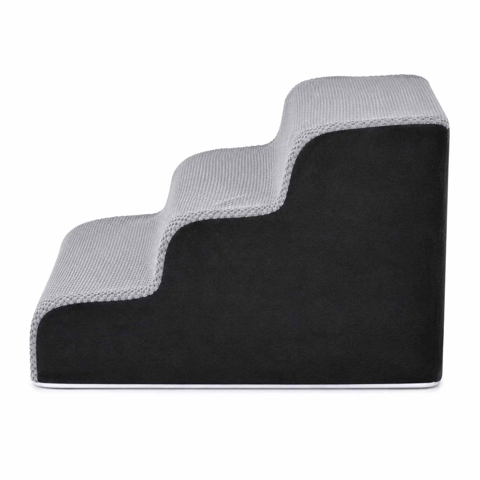 Escaleras grises para perros escalonadas con lateral negro.