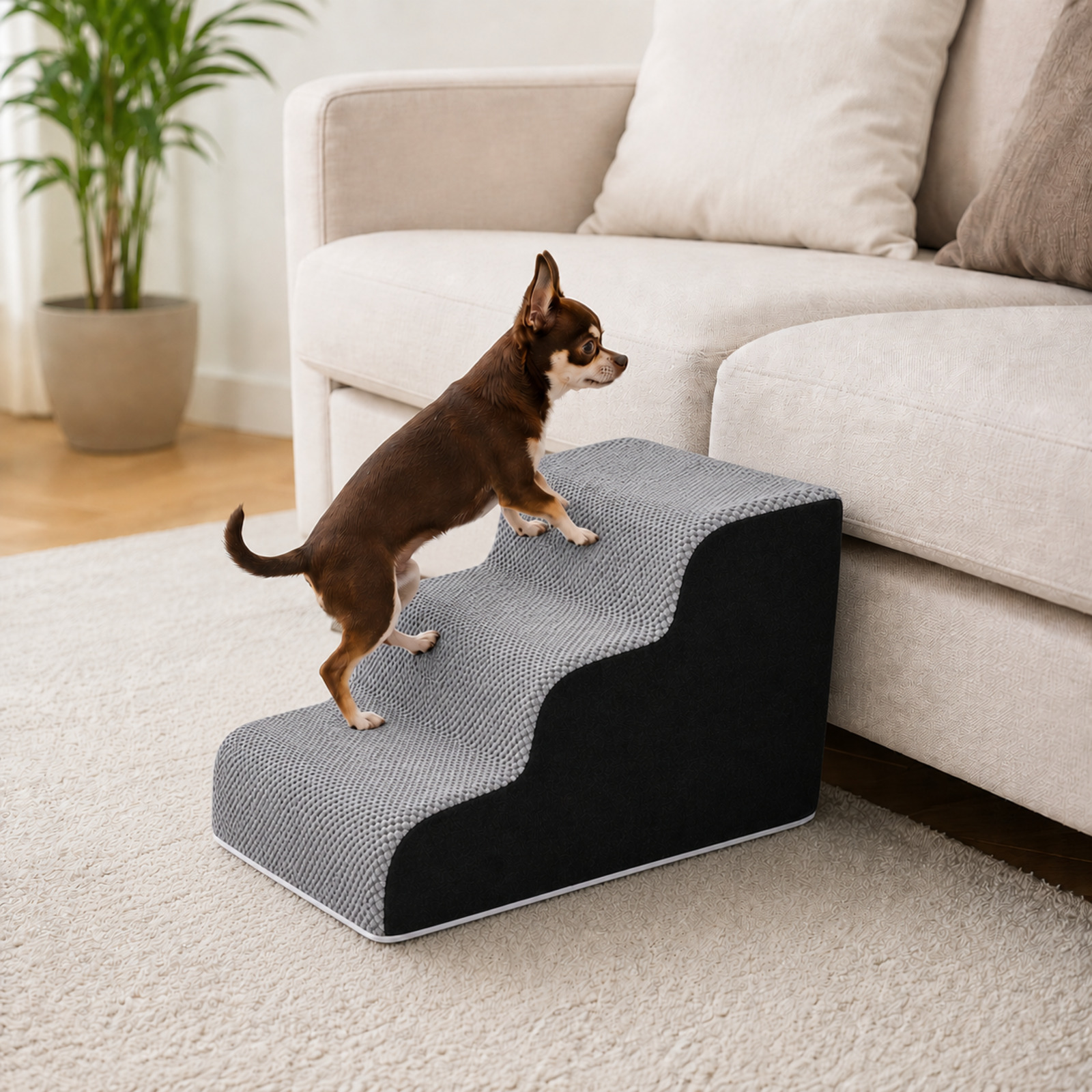 Un chihuahua marrón sube una escalera para perros gris junto a un sofá.
