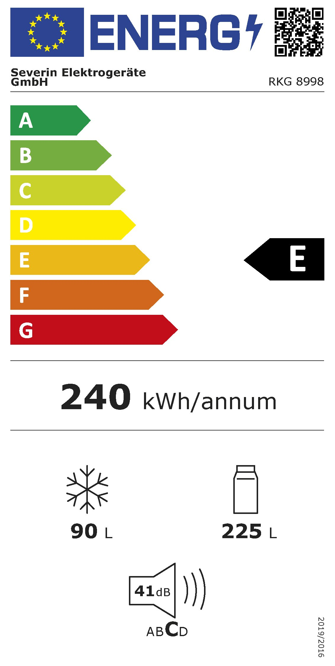 Etichetta energetica: Classe E, 240 kWh/anno, congelatore 90L, frigorifero 225L, 41dB.