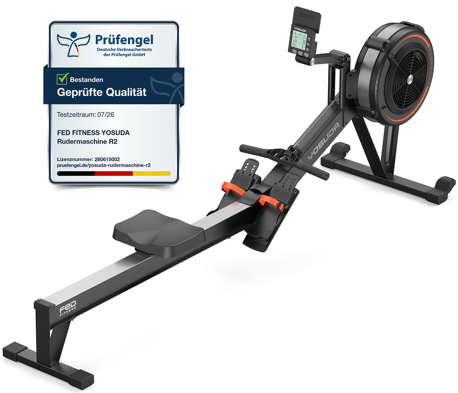 Schwarzer Rudertrainer mit digitaler Anzeige und Prüfsiegel daneben.