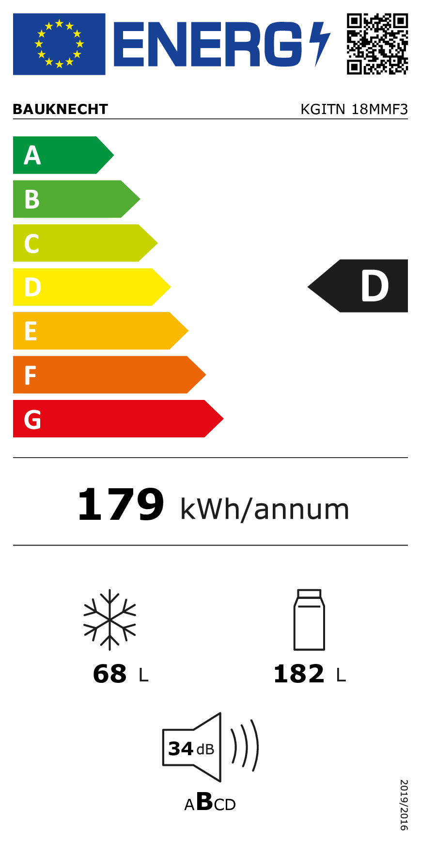 Energielabel für Bauknecht KGITN 18MMF3, Energieeffizienzklasse D.