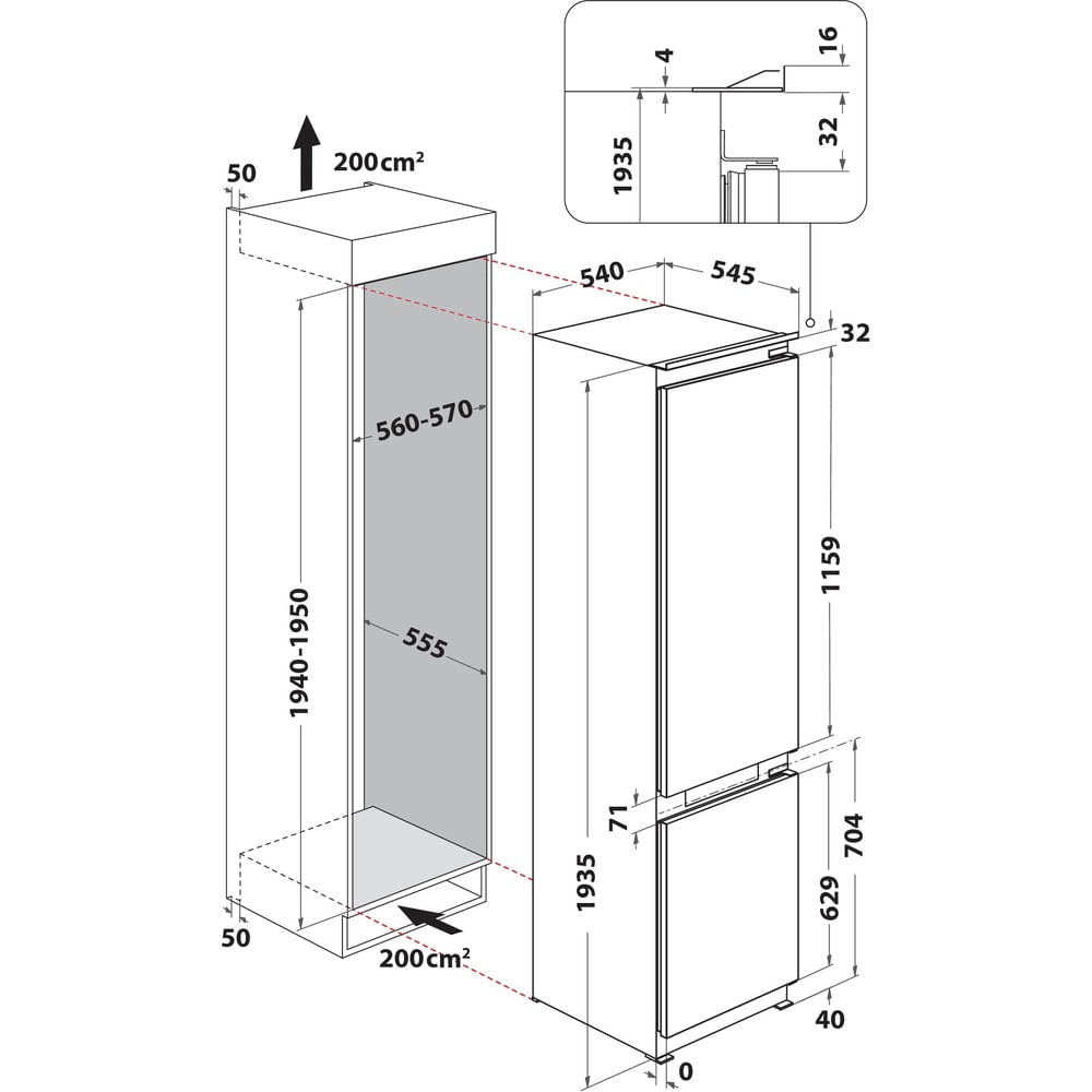 Disegno tecnico di un frigorifero da incasso con dimensioni.