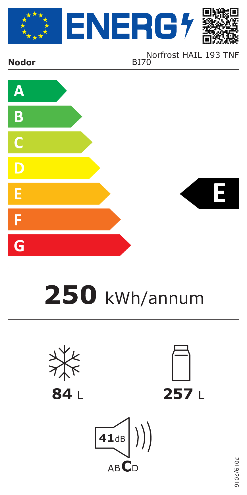 Etiqueta energética Nodor BI70: Clase E, 250 kWh/año, 84 L congelador, 257 L frigorífico, 41 dB ruido.
