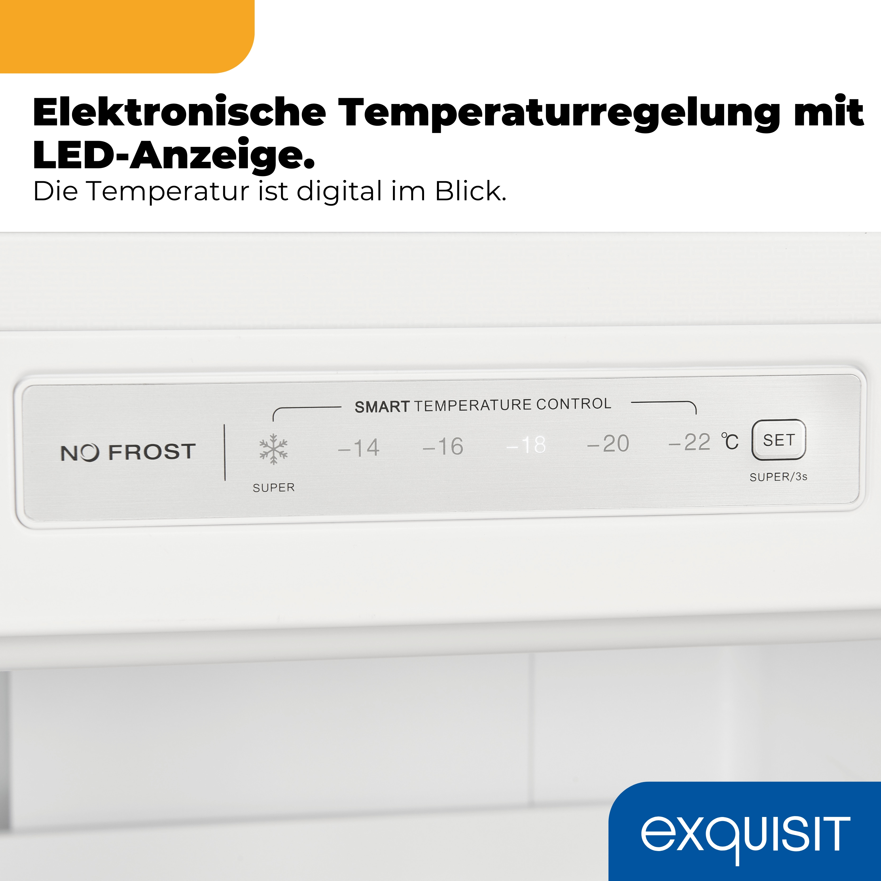 Gefrierschrank-Bedienfeld mit No Frost und digitaler Temperaturanzeige.