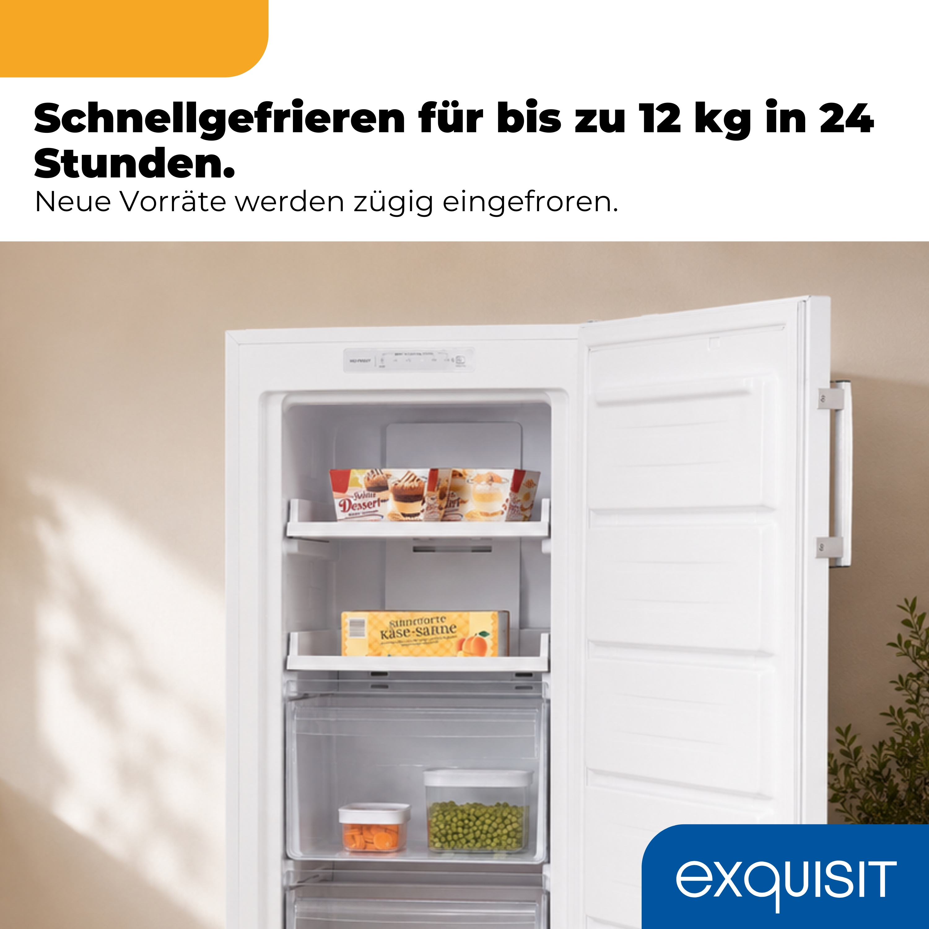 Ein aufgetauter Gefrierschrank mit gefrorenen Lebensmitteln und dem Logo.