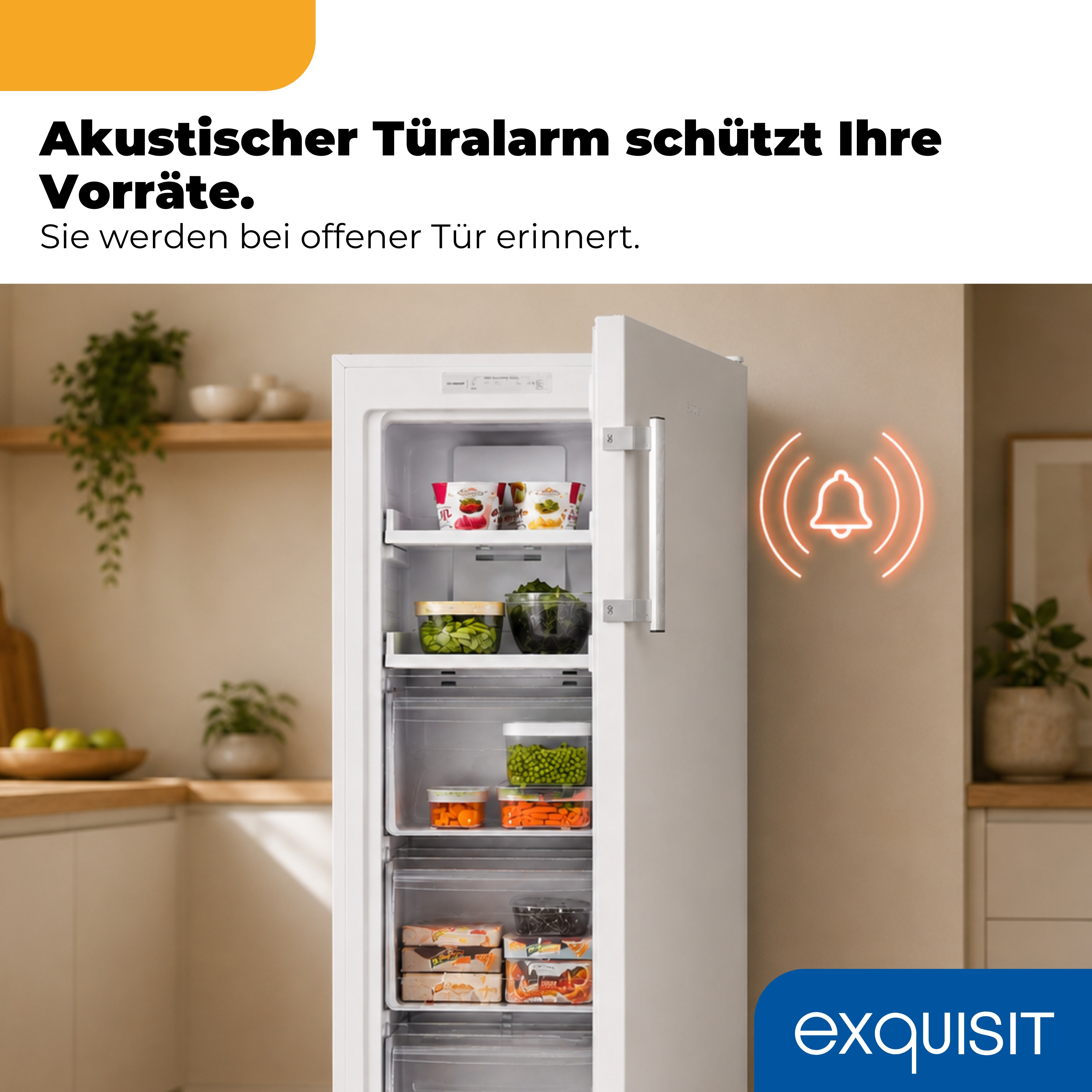 Ein offener Kühlschrank mit Lebensmitteln und einem Glockensymbol.