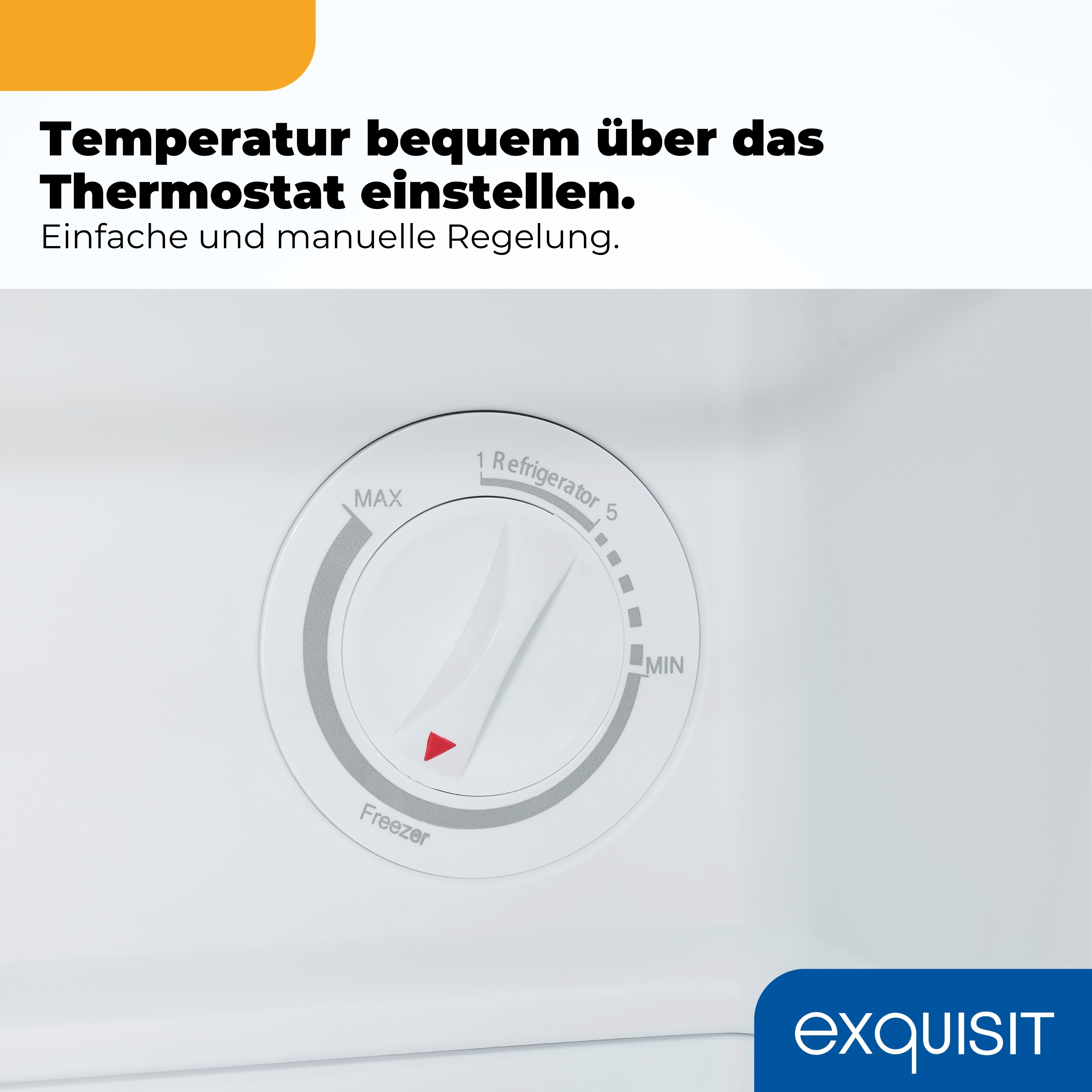 Ein weißer Kühlschrankthermostat mit Skala von MIN bis MAX und Freezer.