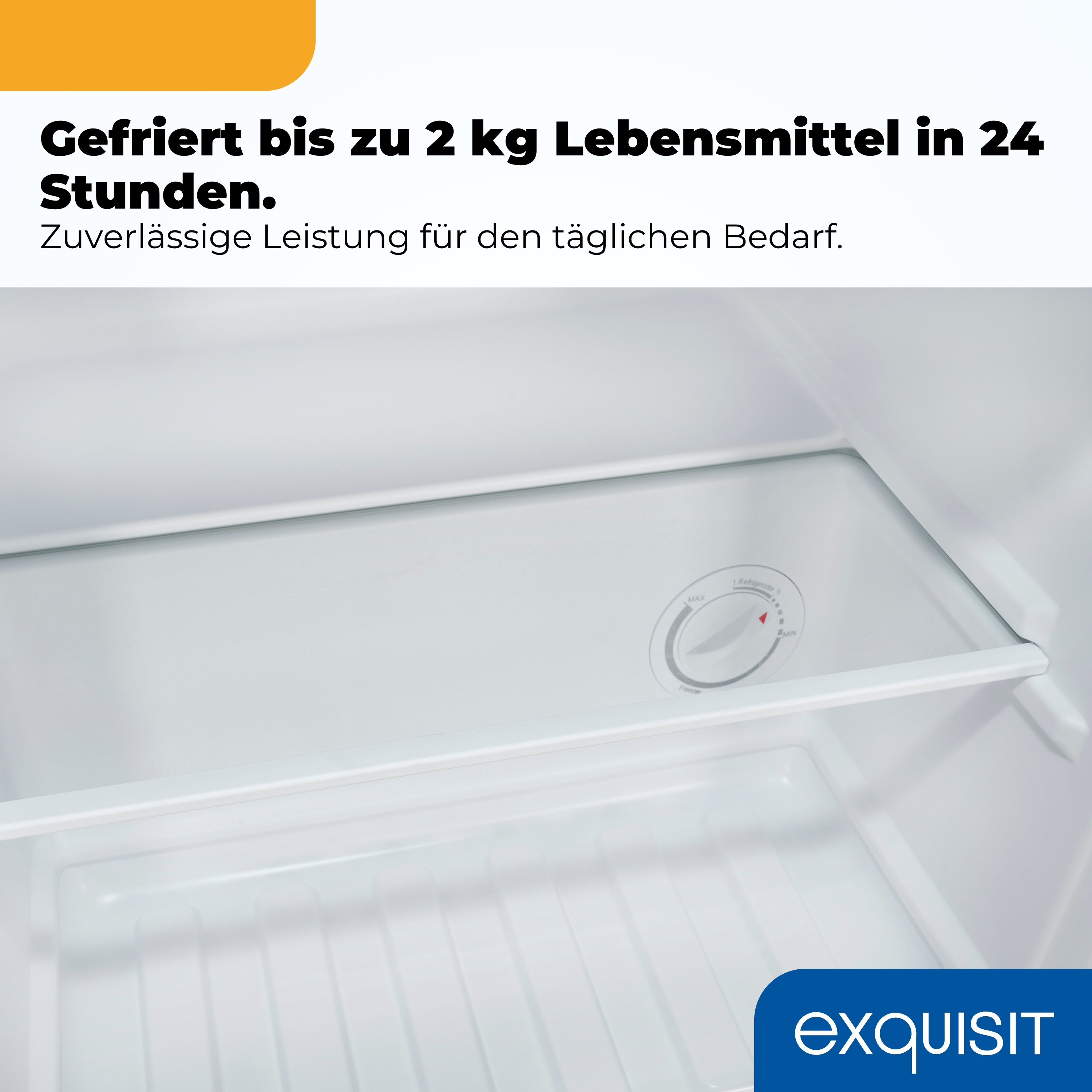 Innenraum eines Kühlschranks mit Temperaturregler und dem EXQUISIT-Logo.