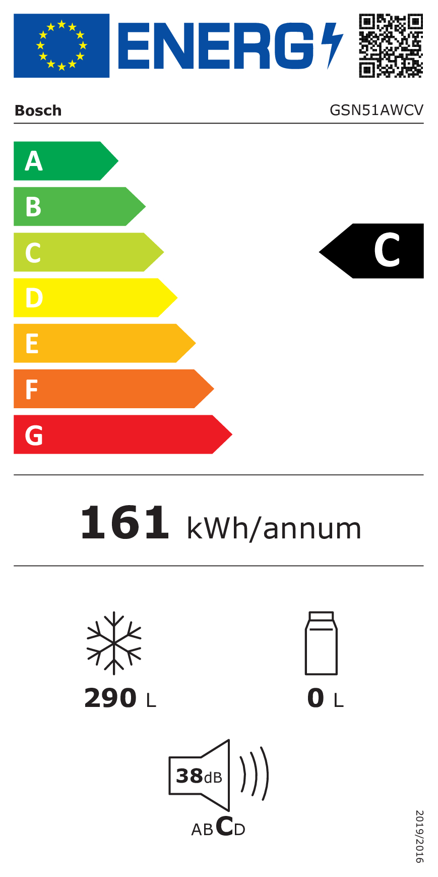Bosch Energie-Label: Klasse C, 161 kWh/Jahr, 290 L Gefrierkapazität, 0 L Kühlkapazität, 38 dB Geräuschpegel.