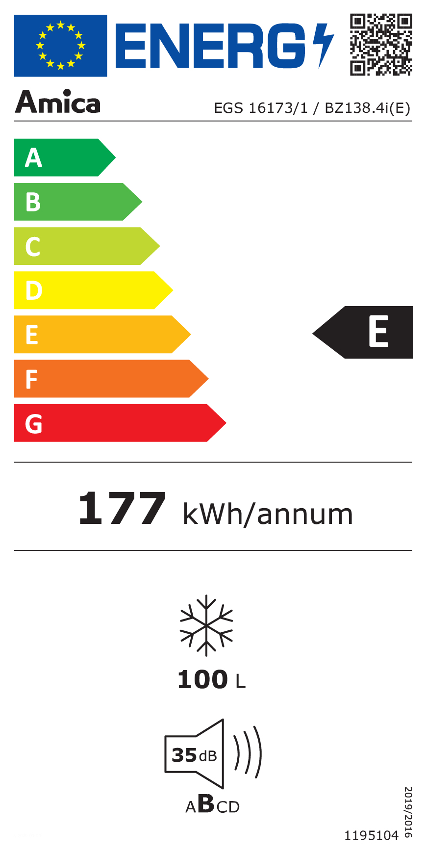 Etichetta energetica Amica: 177 kWh/anno, 100 L, 35 dB, classe efficienza energetica E.