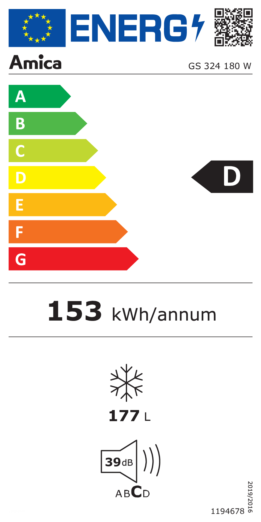Amica Energieeffizienzlabel: Klasse D, 153 kWh/Jahr, 177 L, 39 dB.