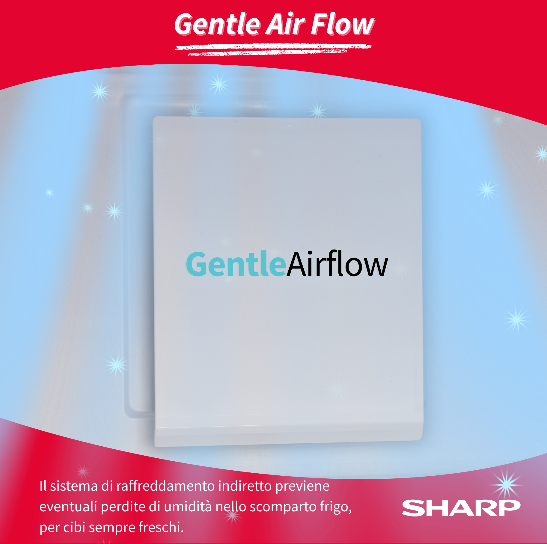 Un elettrodomestico bianco con scritta "Gentle Air Flow" su sfondo blu stellato.