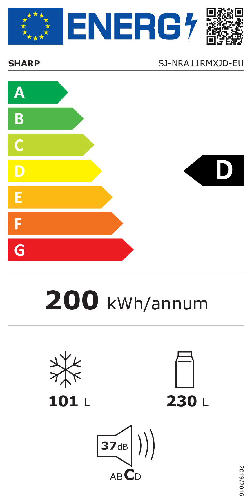 Etichetta energetica classe D, 200 kWh/anno, 101 L congelatore, 230 L frigorifero.