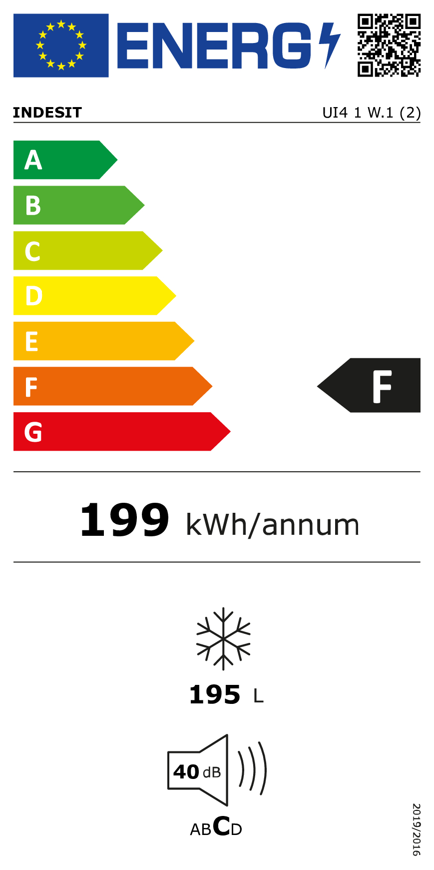 Etichetta energetica F, 199 kWh/anno, 195 L, 40 dB di rumore per Indesit UI4 1 W.1 (2).