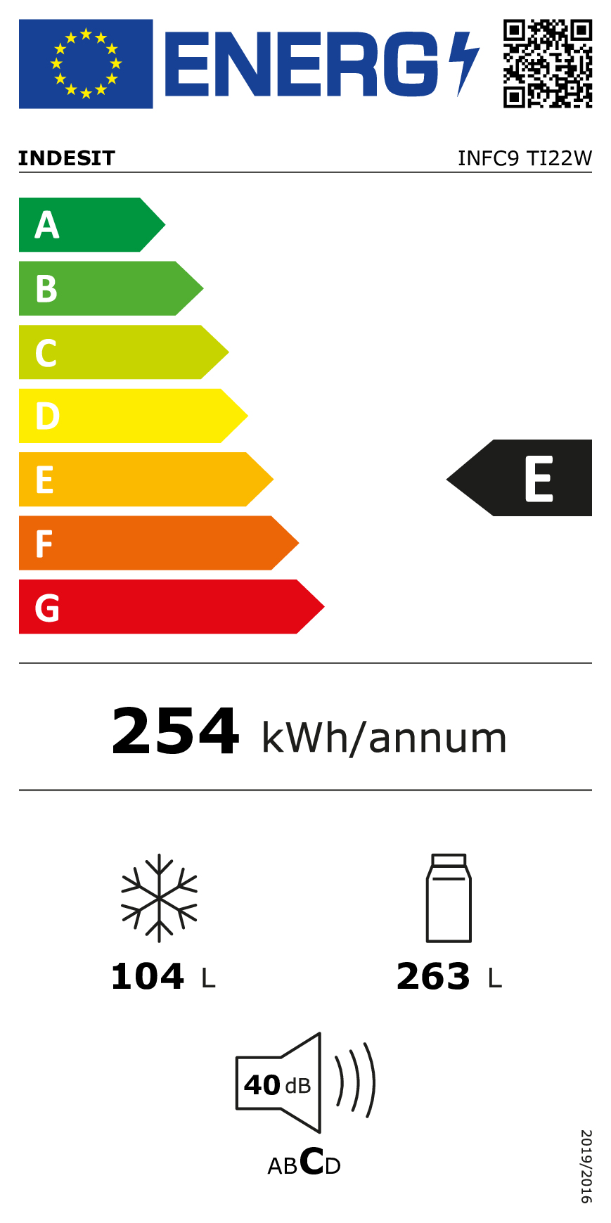 Etiqueta de eficiencia energética para frigorífico-congelador Indesit, clase E.