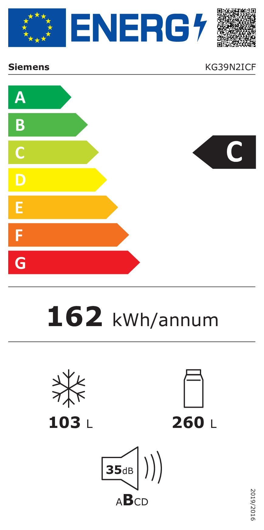 Etichetta Energetica Siemens: Classe C, 162 kWh/anno, 103L congelatore, 260L frigorifero, 35dB.