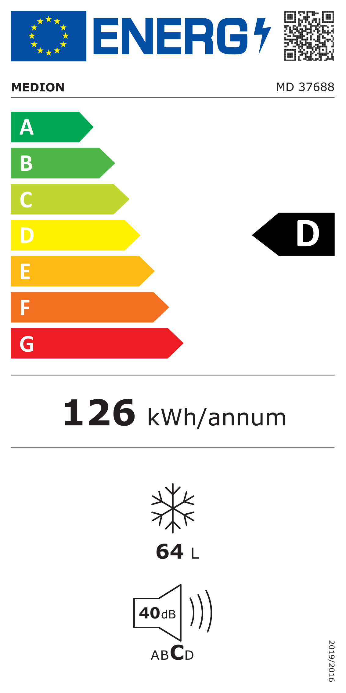 Energielabel D, 126 kWh/Jahr, 64 L, 40 dB Geräuschpegel.