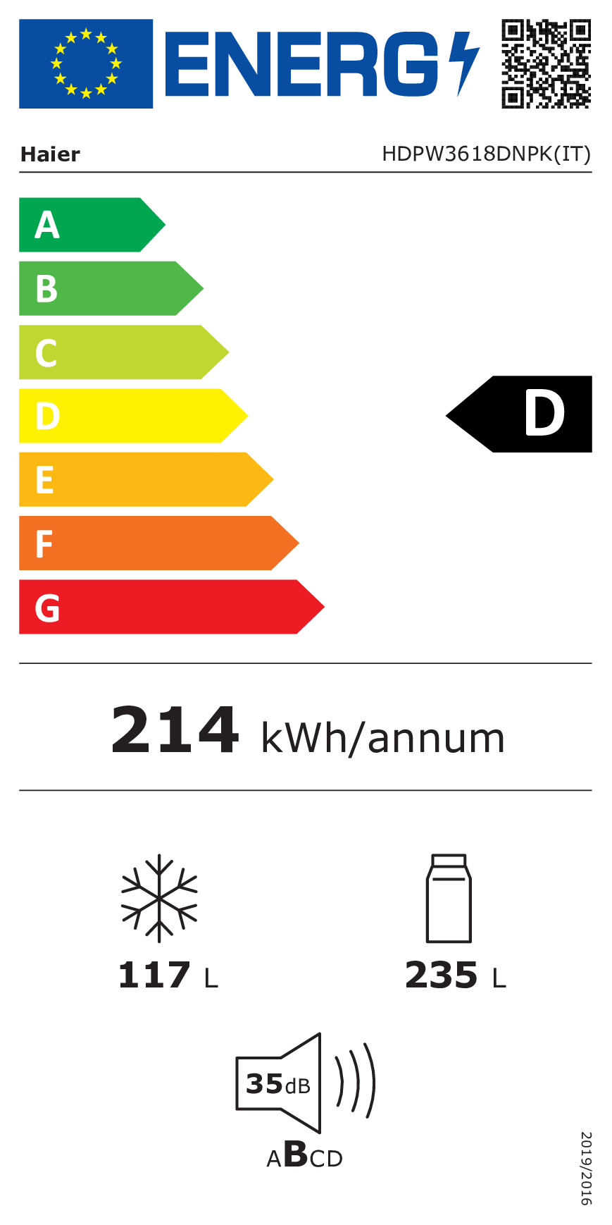 Etichetta energetica Haier, classe D, 214 kWh/anno, congelatore 117L, frigorifero 235L, 35dB rumore.