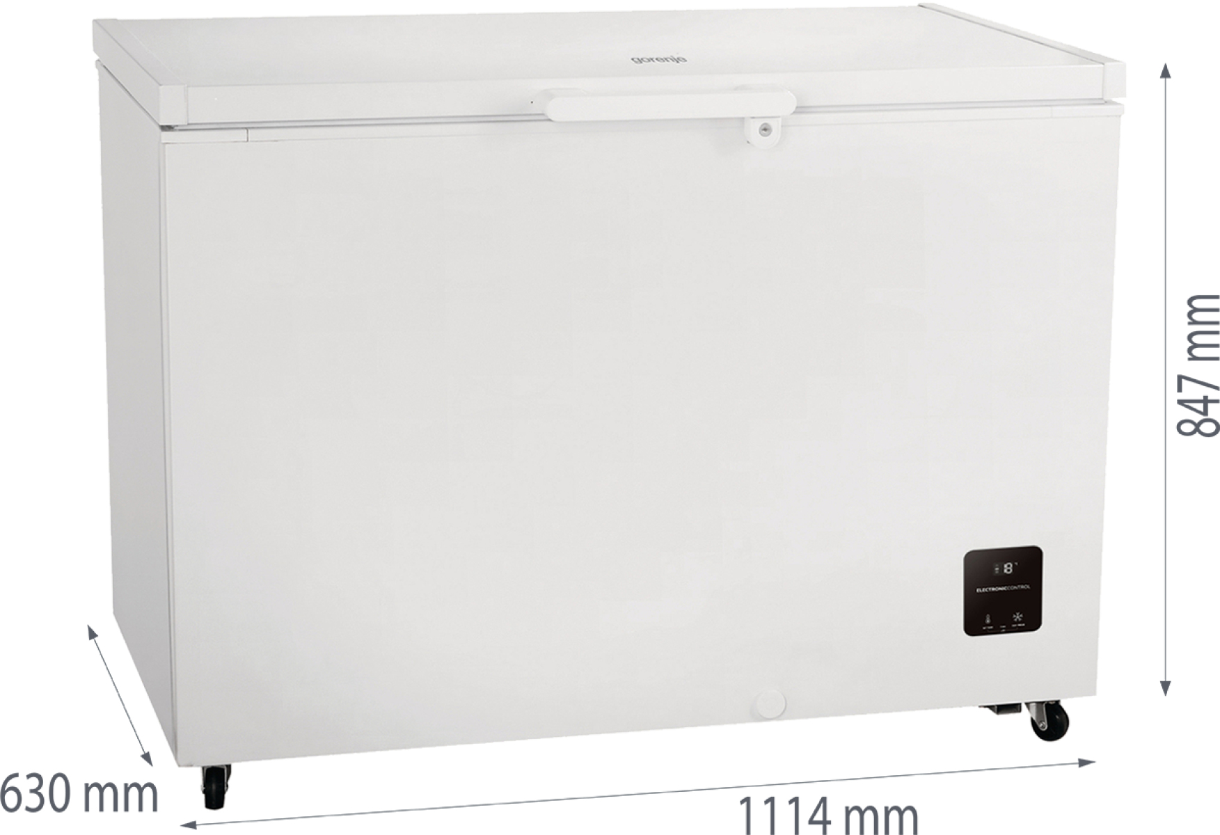 Congelatore orizzontale bianco con maniglia e display digitale. Dimensioni: 1114x630x847mm.