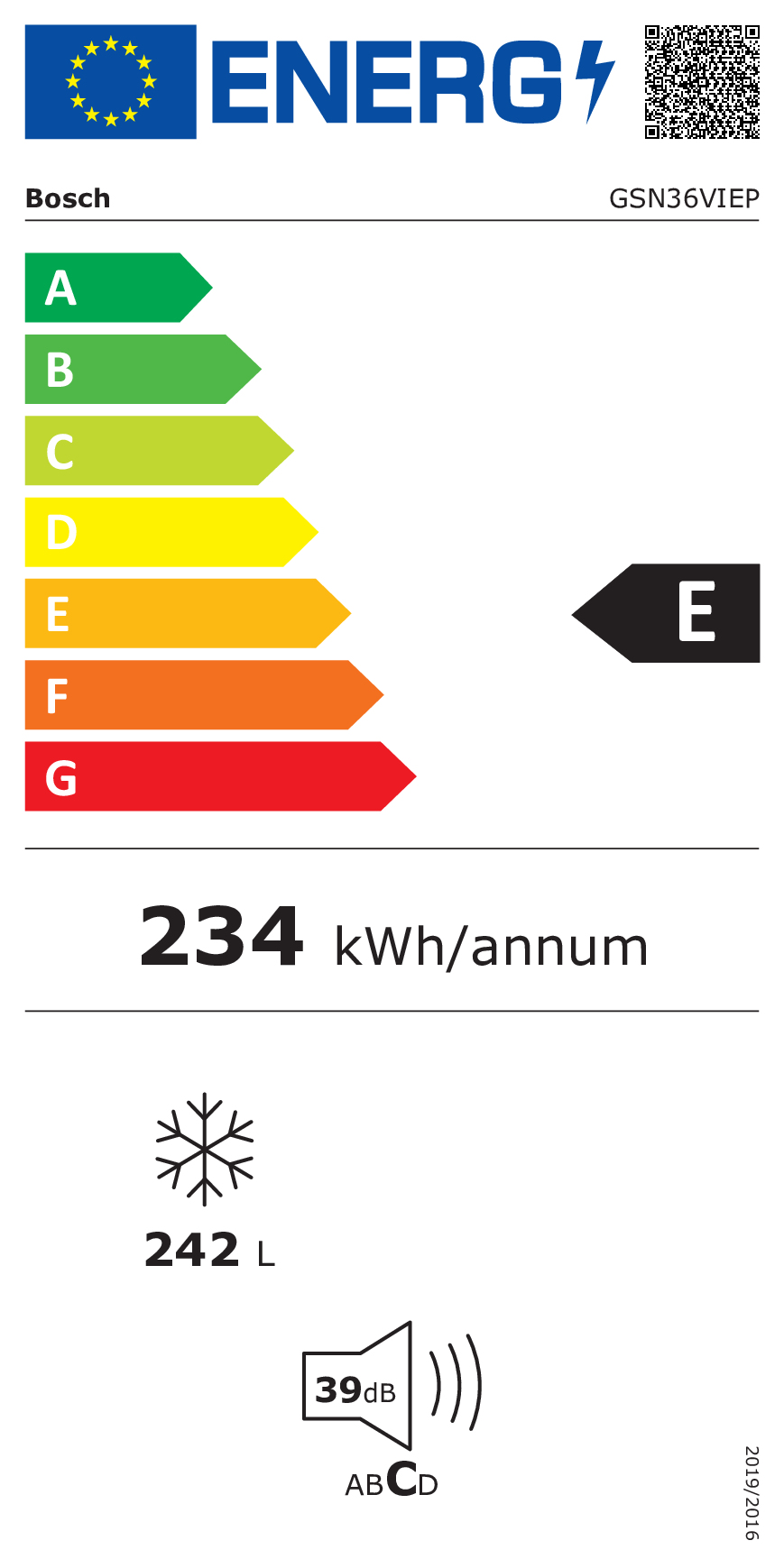 Etiqueta eficiencia energética Bosch Clase E, 234 kWh/año, 242 L, 39 dB