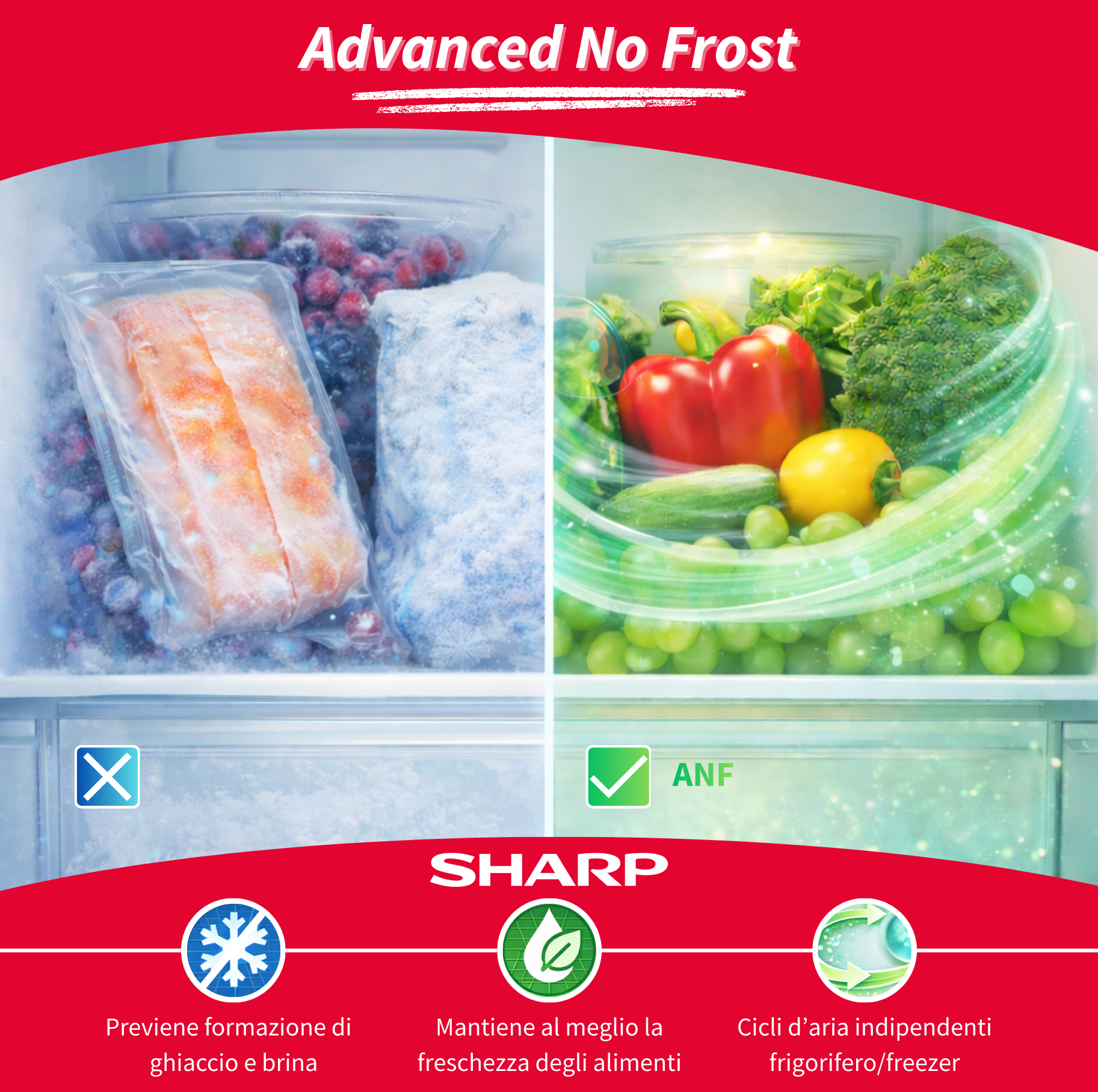Congelatore con cibo congelato e frigorifero con verdure fresche. Advanced No Frost.