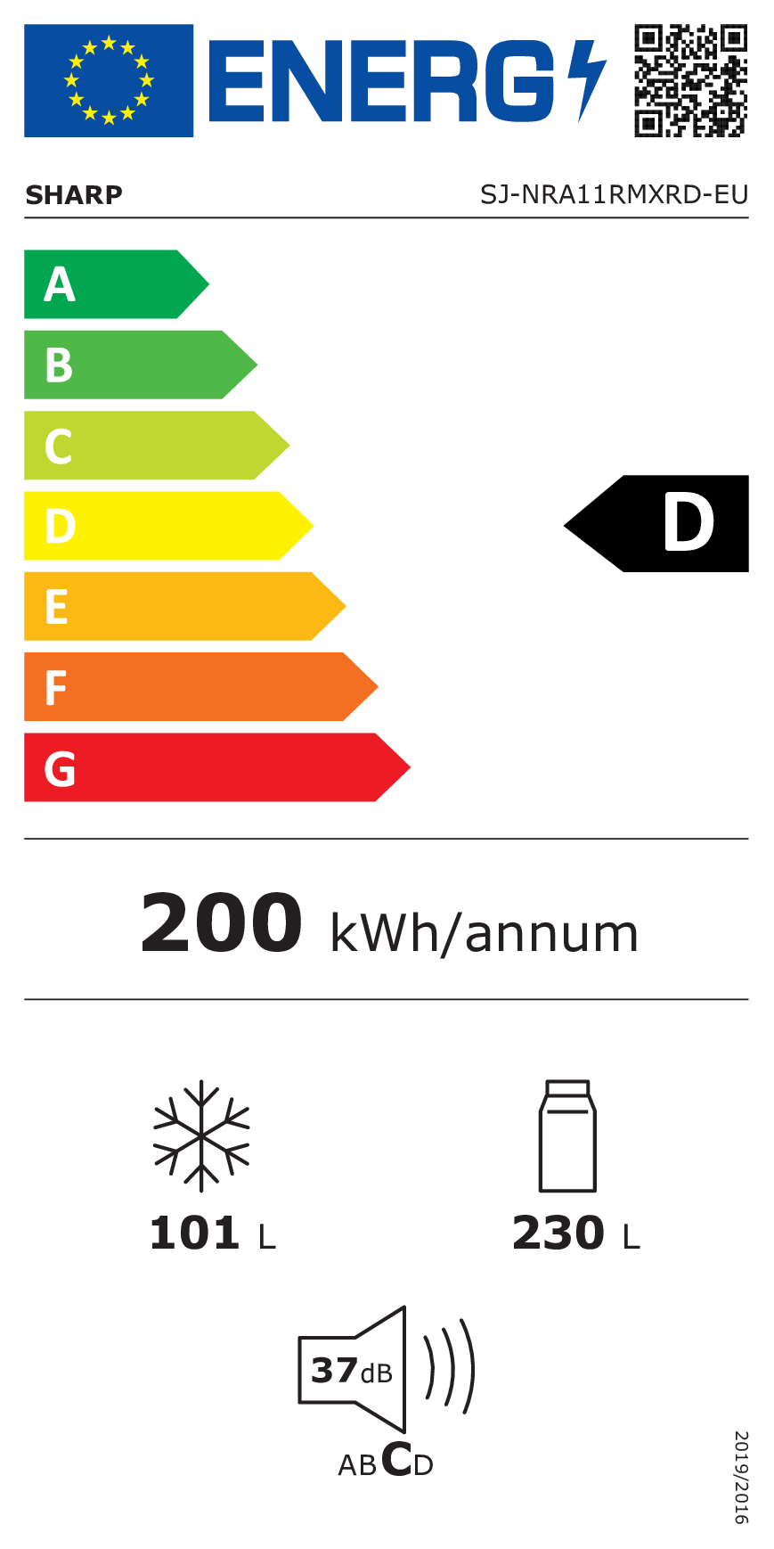 Etichetta energetica classe D, 200 kWh/anno, congelatore 101L, frigorifero 230L, 37dB rumore.