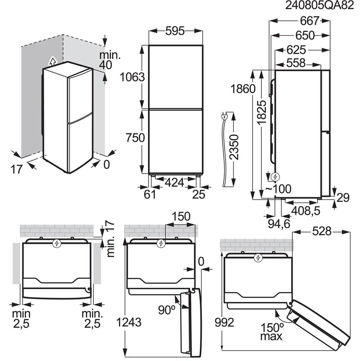 Dibujo técnico de un refrigerador con dimensiones y holguras.