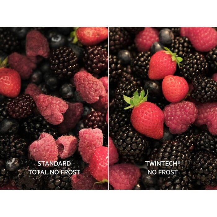Imagen dividida con bayas mixtas. Lado izquierdo con texto 'STANDARD TOTAL NO FROST'.