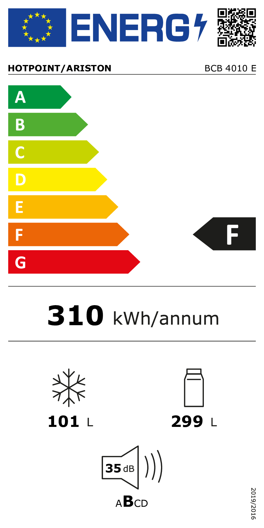 Etichetta energetica: Hotpoint/Ariston BCB 4010 E, 310 kWh/anno, congelatore 101 L, frigorifero 299 L, 35 dB.