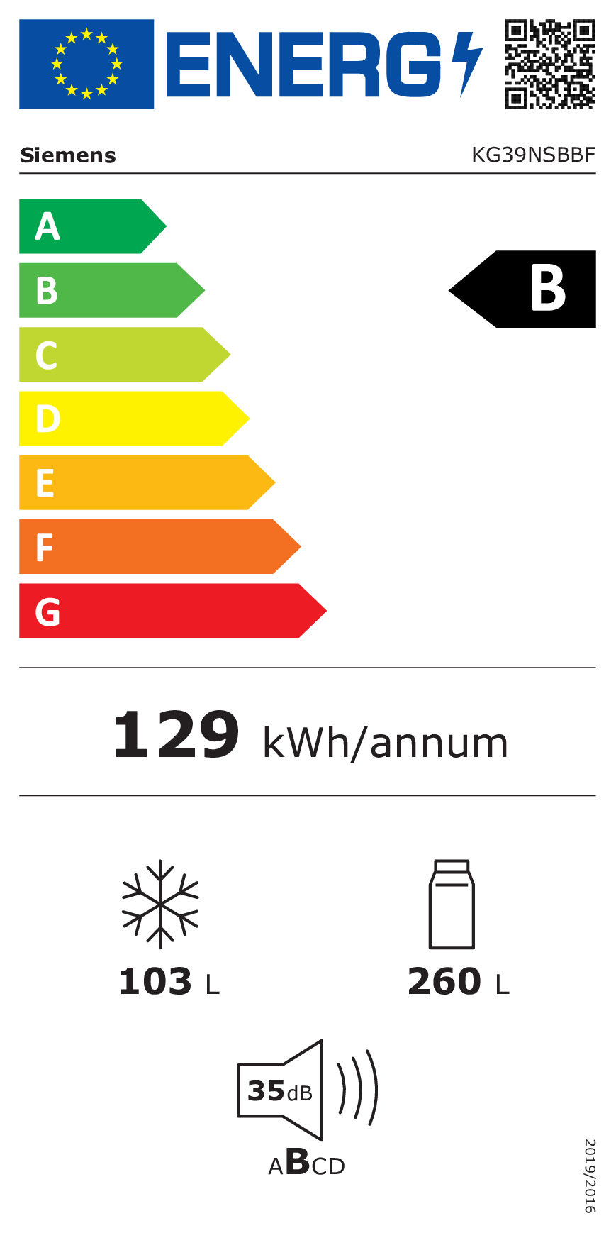 Etichetta efficienza energetica Siemens KG39NSBBF: Classe B, 129 kWh/anno, congelatore 103L, frigorifero 260L, 35dB.