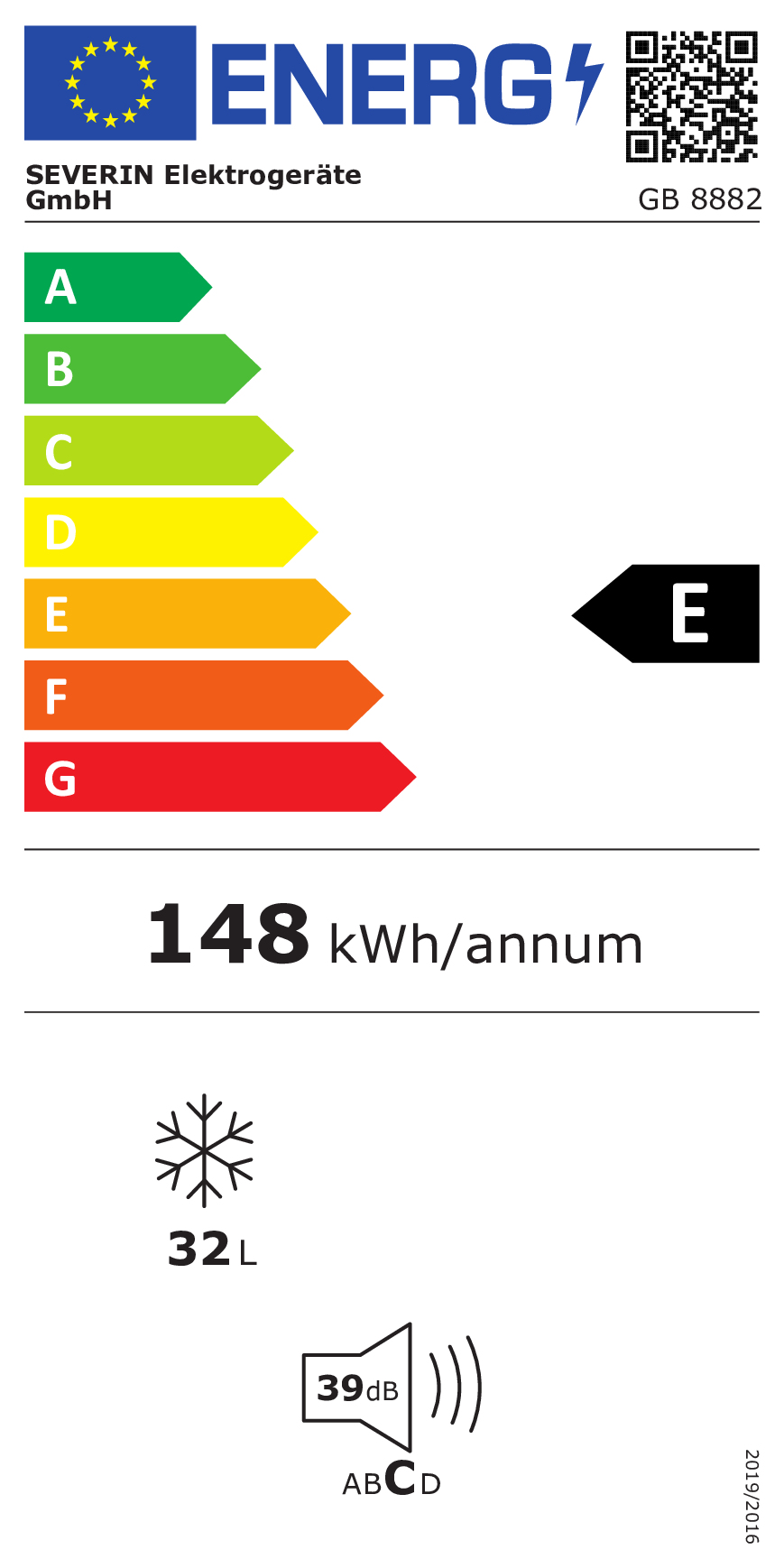 Energielabel mit Energieeffizienzklasse E, 148 kWh/Jahr, 32L Gefrierkapazität, 39dB.