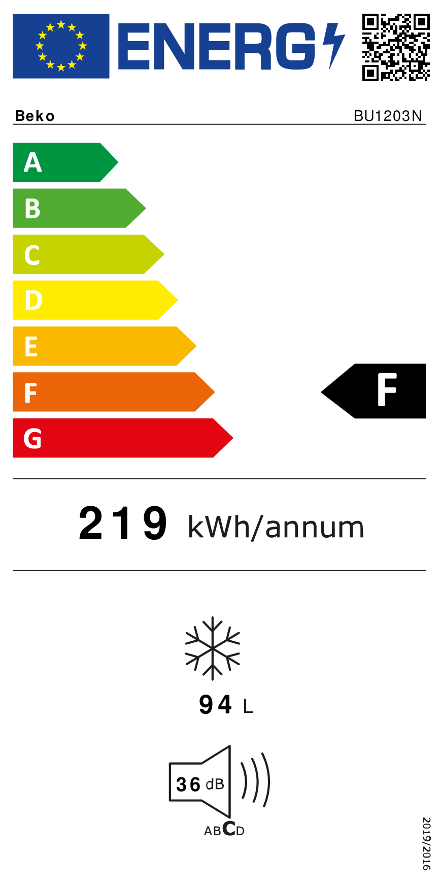 Etichetta efficienza energetica frigorifero, classe F, 219 kWh/anno, 94 L, 36 dB.