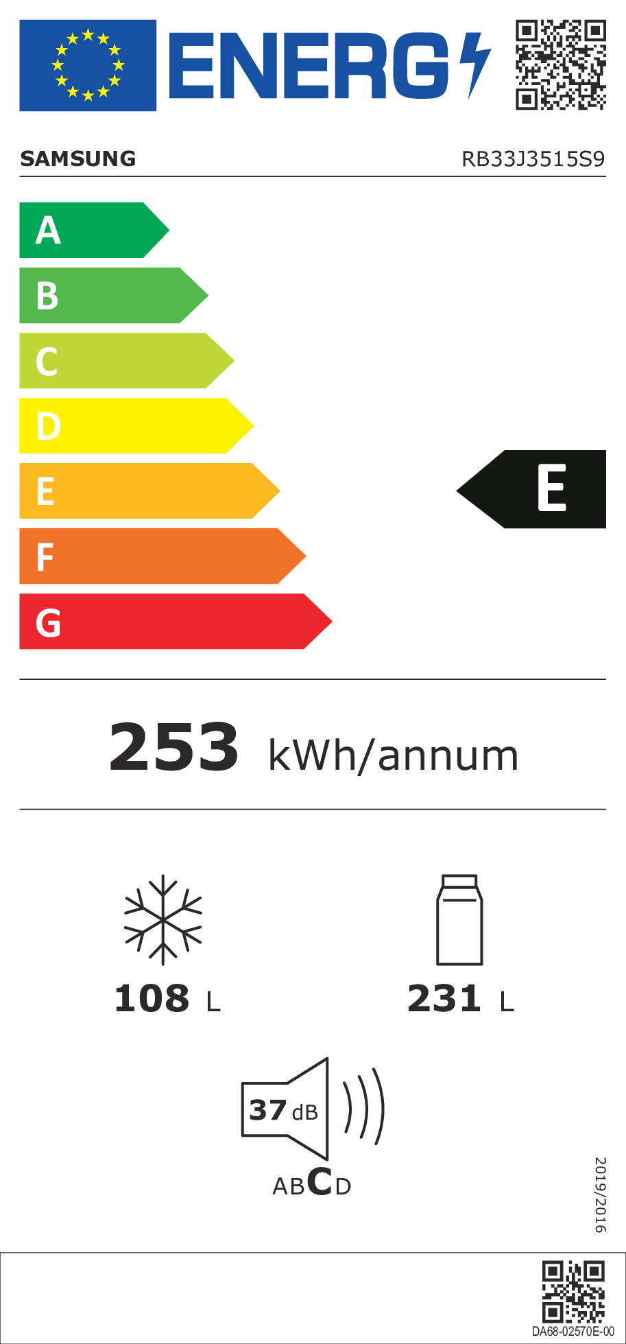 Etiqueta energética Samsung: clase E, 253 kWh/año. Congelador 108L, frigorífico 231L. Ruido 37dB.