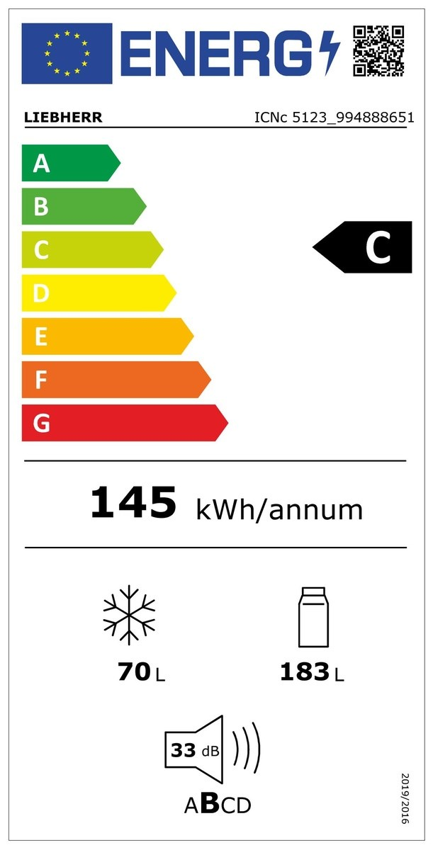 Energielabel: Liebherr, Klasse C, 145 kWh/Jahr, 70L Gefrierteil, 183L Kühlteil, 33 dB.