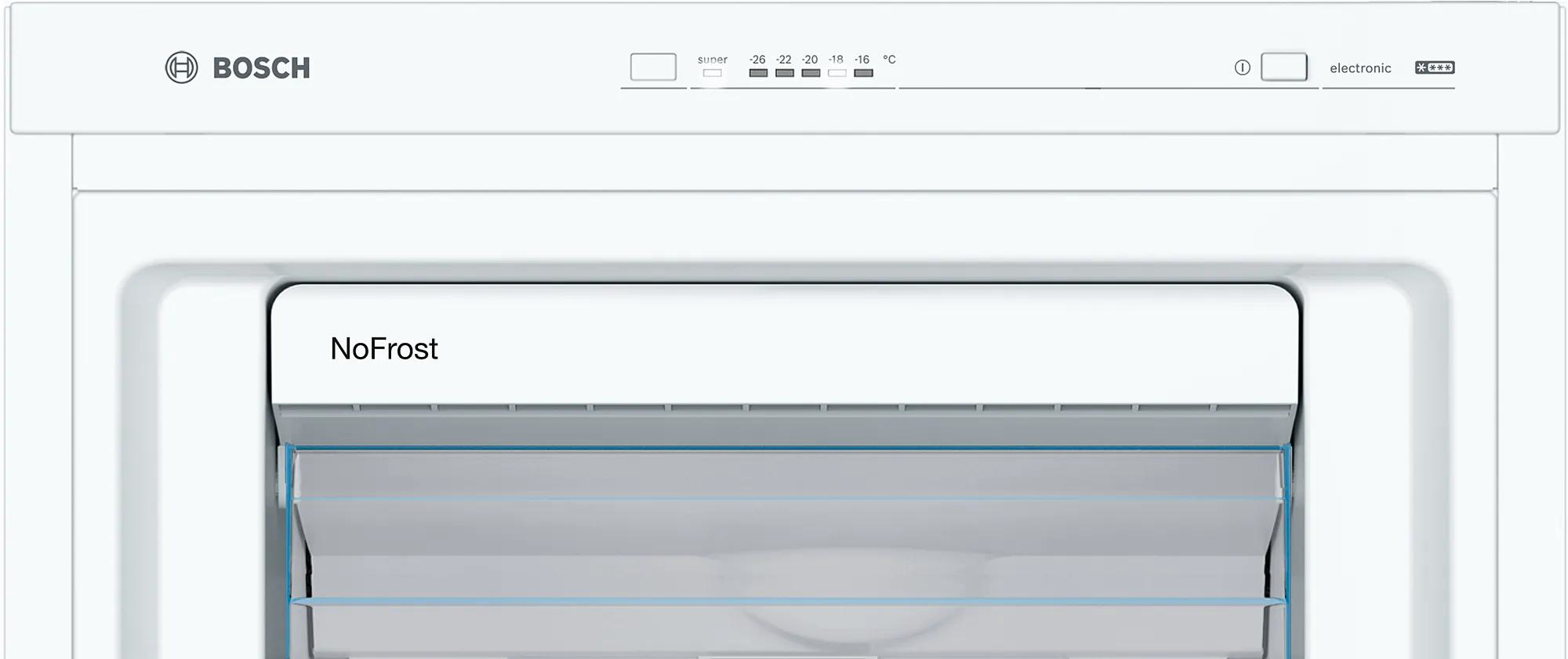 Congelatore Bosch con etichetta "NoFrost" e display temperatura.