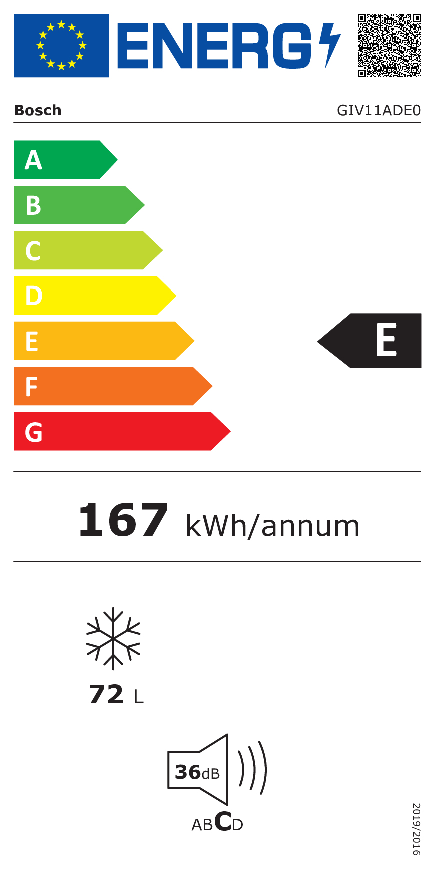 Bosch Energie-Label, Klasse E, 167 kWh/Jahr, 72 L, 36 dB Geräuschpegel.