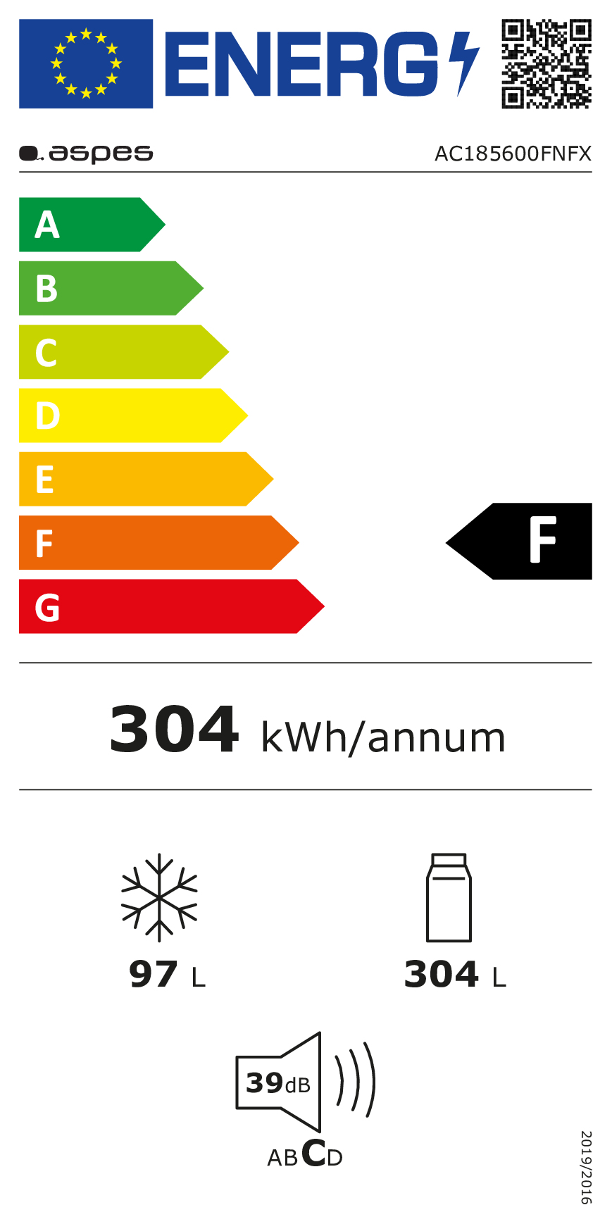 Etiqueta energética escala A-G, eficiencia F, 304 kWh/año, 97 L congelador, 304 L frigorífico, 39 dB.
