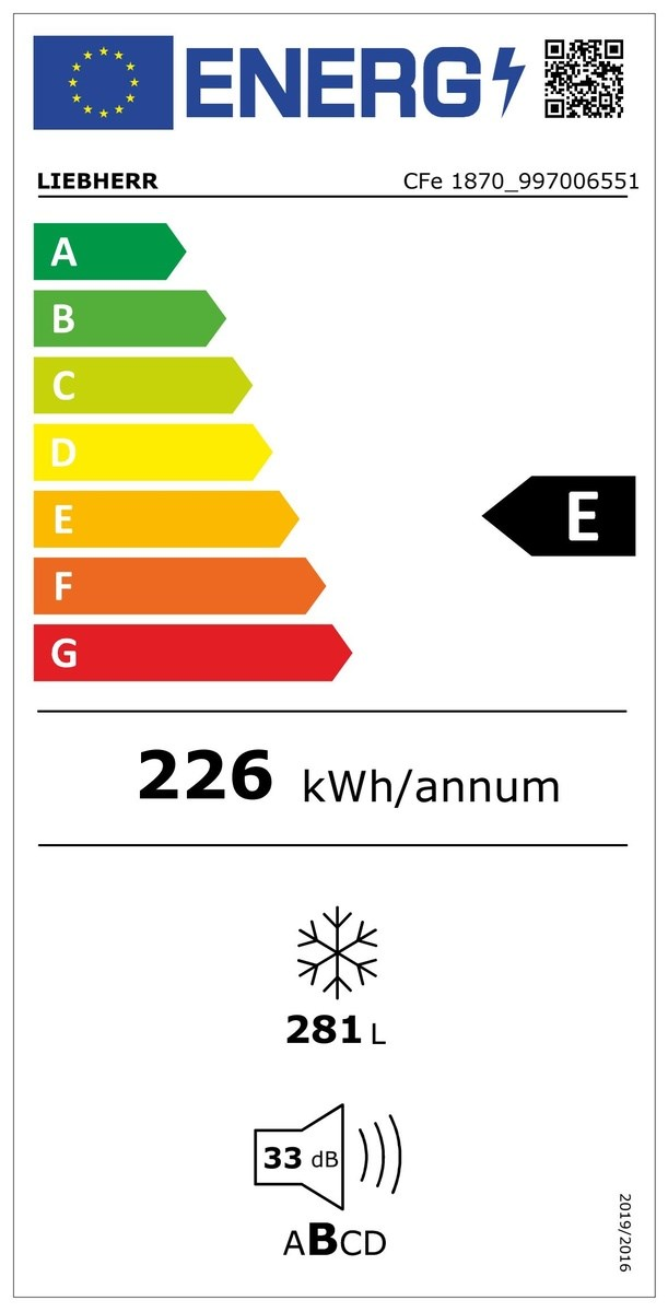 Energieeffizienzlabel: Klasse E, 226 kWh/Jahr, 281 L Kapazität, 33 dB Lautstärke.