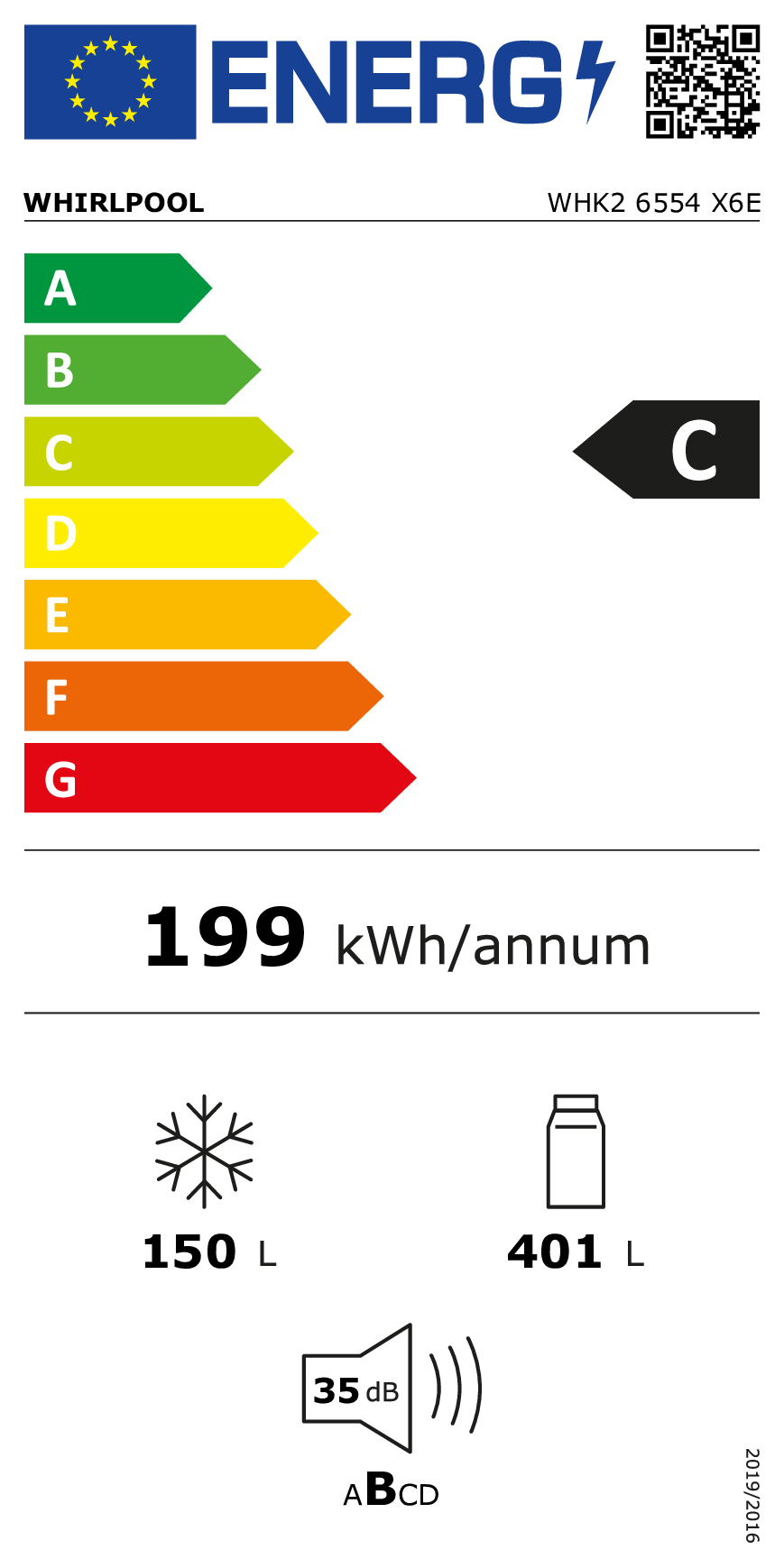 Etichetta energetica: Whirlpool, classe C, 199 kWh/anno, 150L congelatore, 401L frigorifero, 35dB.