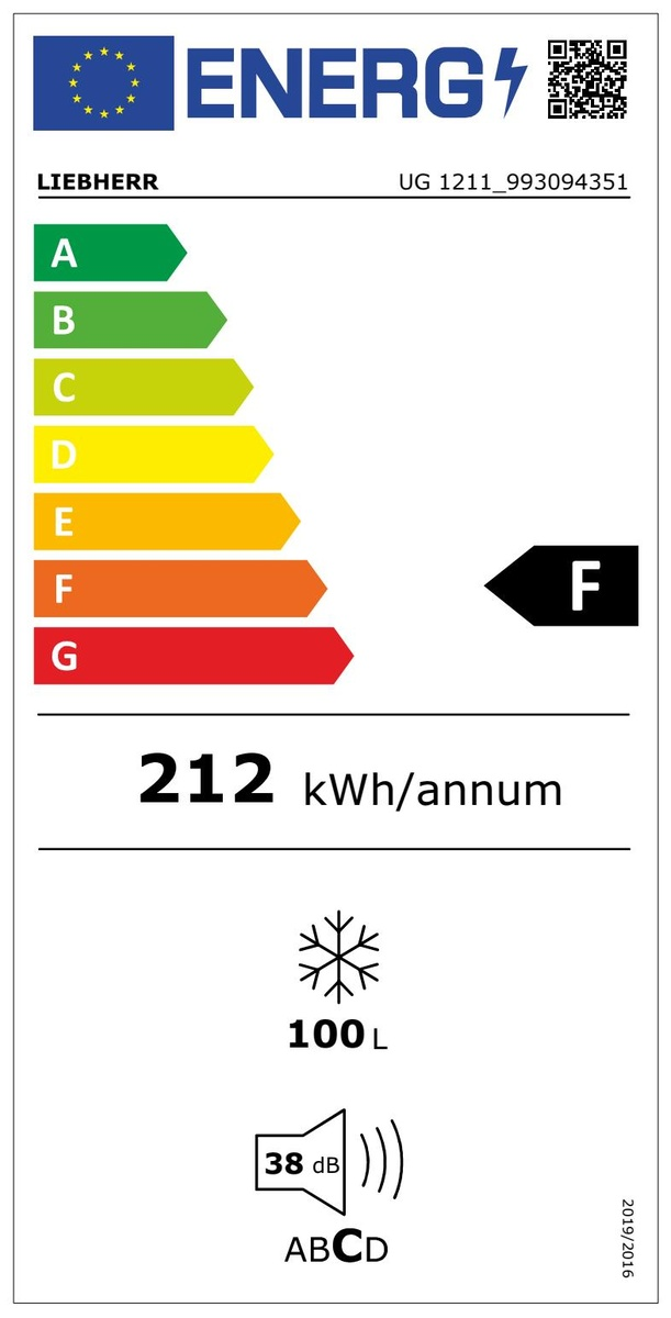 Efficienza energetica F, 212 kWh/anno, 100L, 38dB. Apparecchio Liebherr.