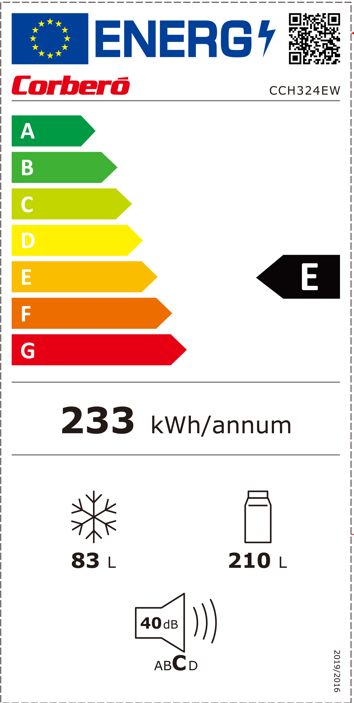 Etiqueta eficiencia energética: Clase E, 233 kWh/año, congelador 83L, frigorífico 210L, 40dB ruido.