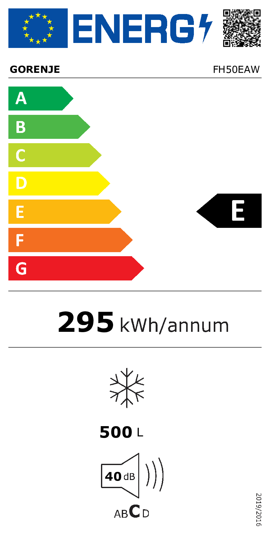 Etykieta energetyczna Gorenje, klasa E, 295 kWh/rok, 500L, 40dB.