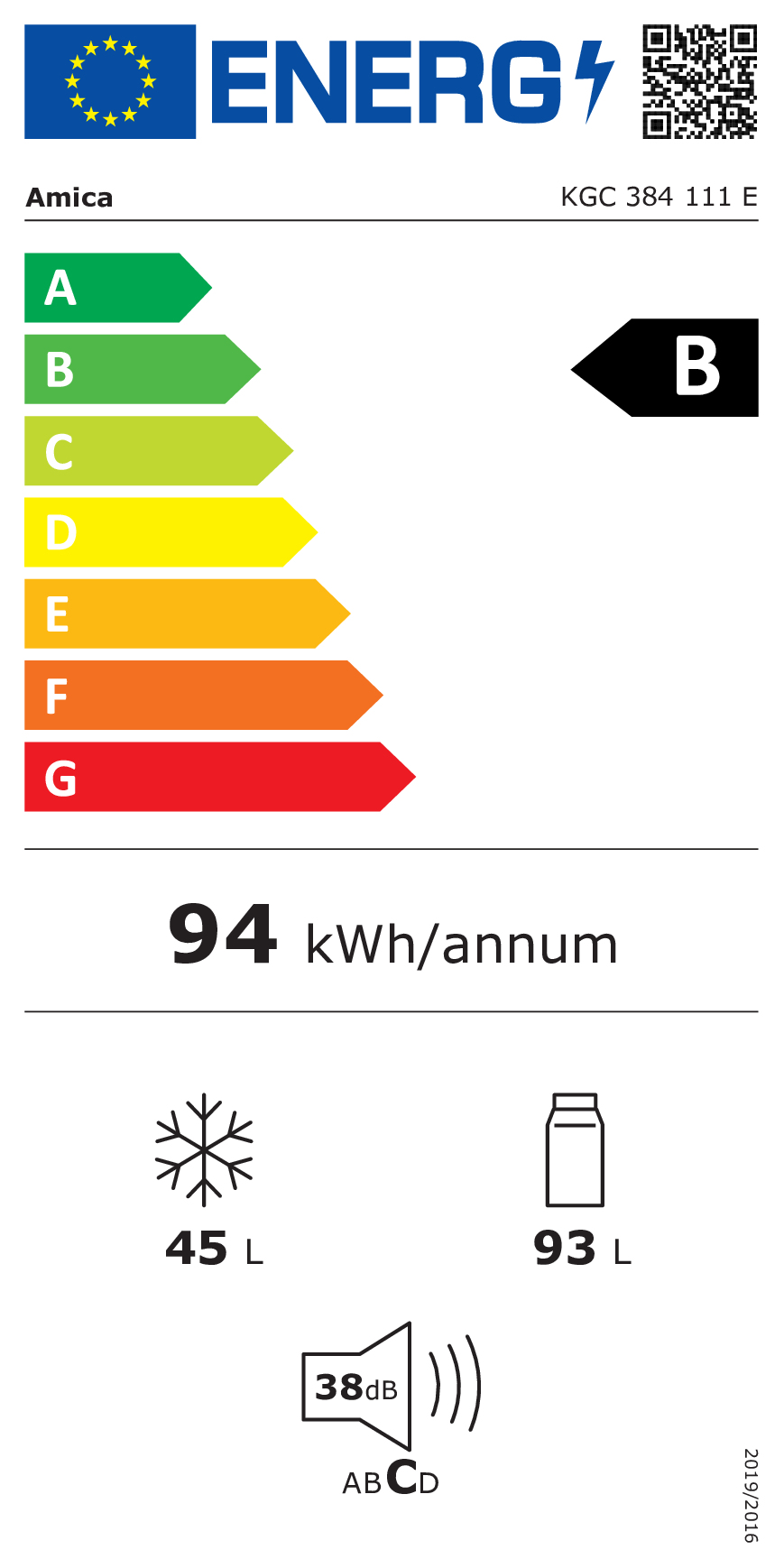 Energielabel für Amica Kühlschrank: Klasse B, 94 kWh/Jahr, 45L Gefrierteil, 93L Kühlschrank, 38dB Geräusch.