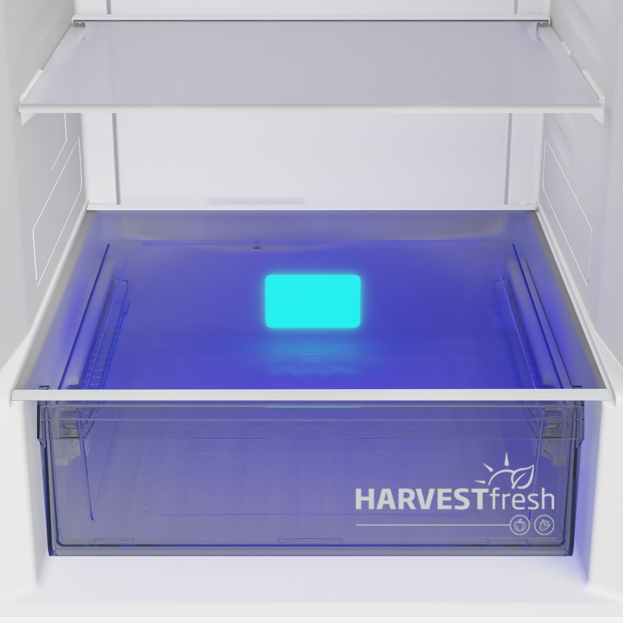 Ein blauer Kühlschub mit dem Aufdruck HARVESTfresh.