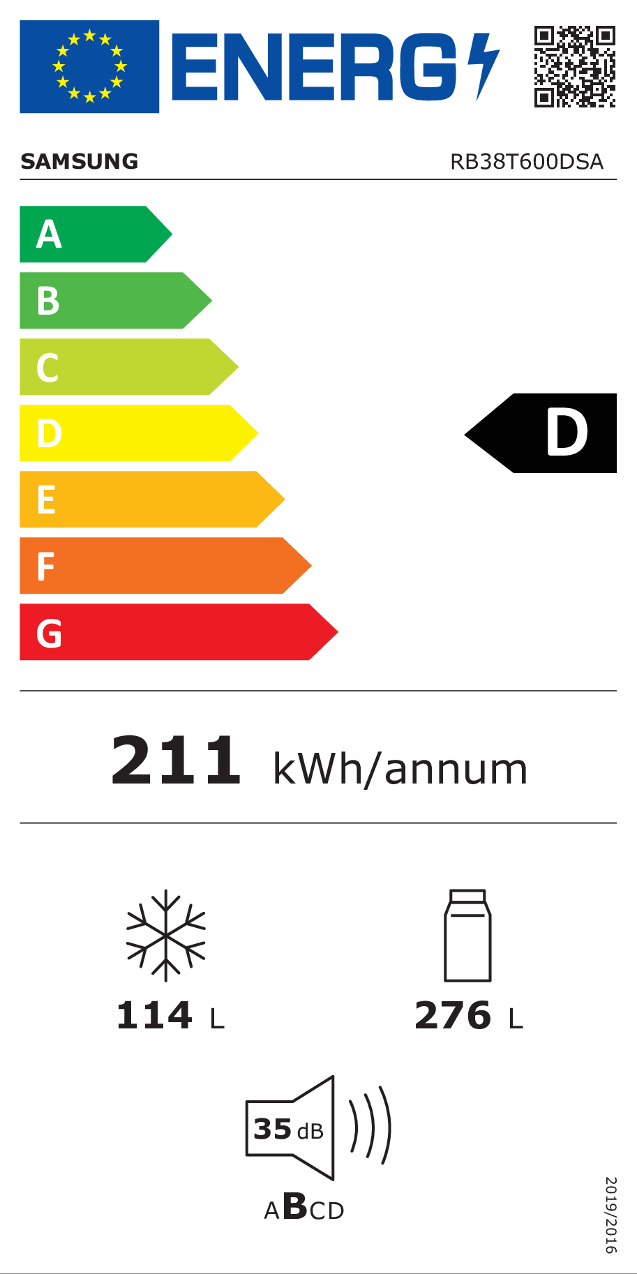 Etichetta energetica con logo Samsung, classe D, 211 kWh/anno, 114L congelatore, 276L frigorifero, 35 dB.