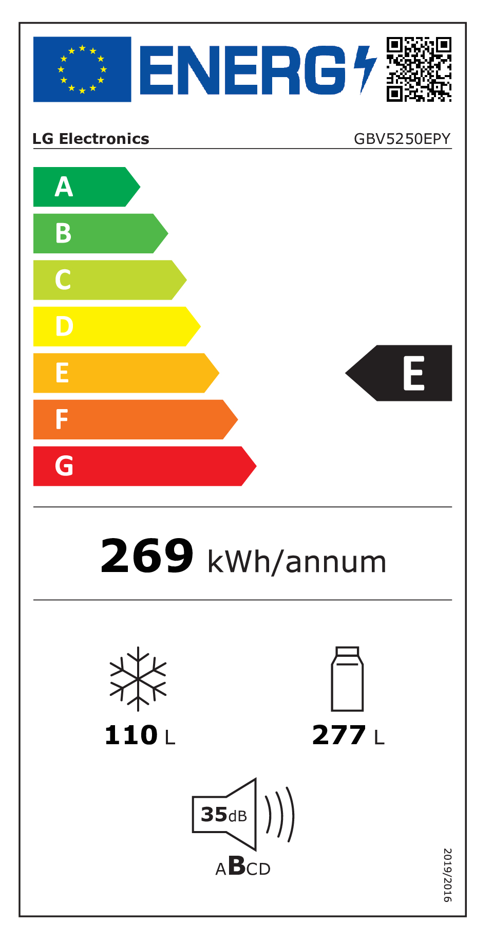 Etiqueta eficiencia energética: Clase E, 269 kWh/año, 110L congelador, 277L frigorífico, 35dB nivel de ruido.