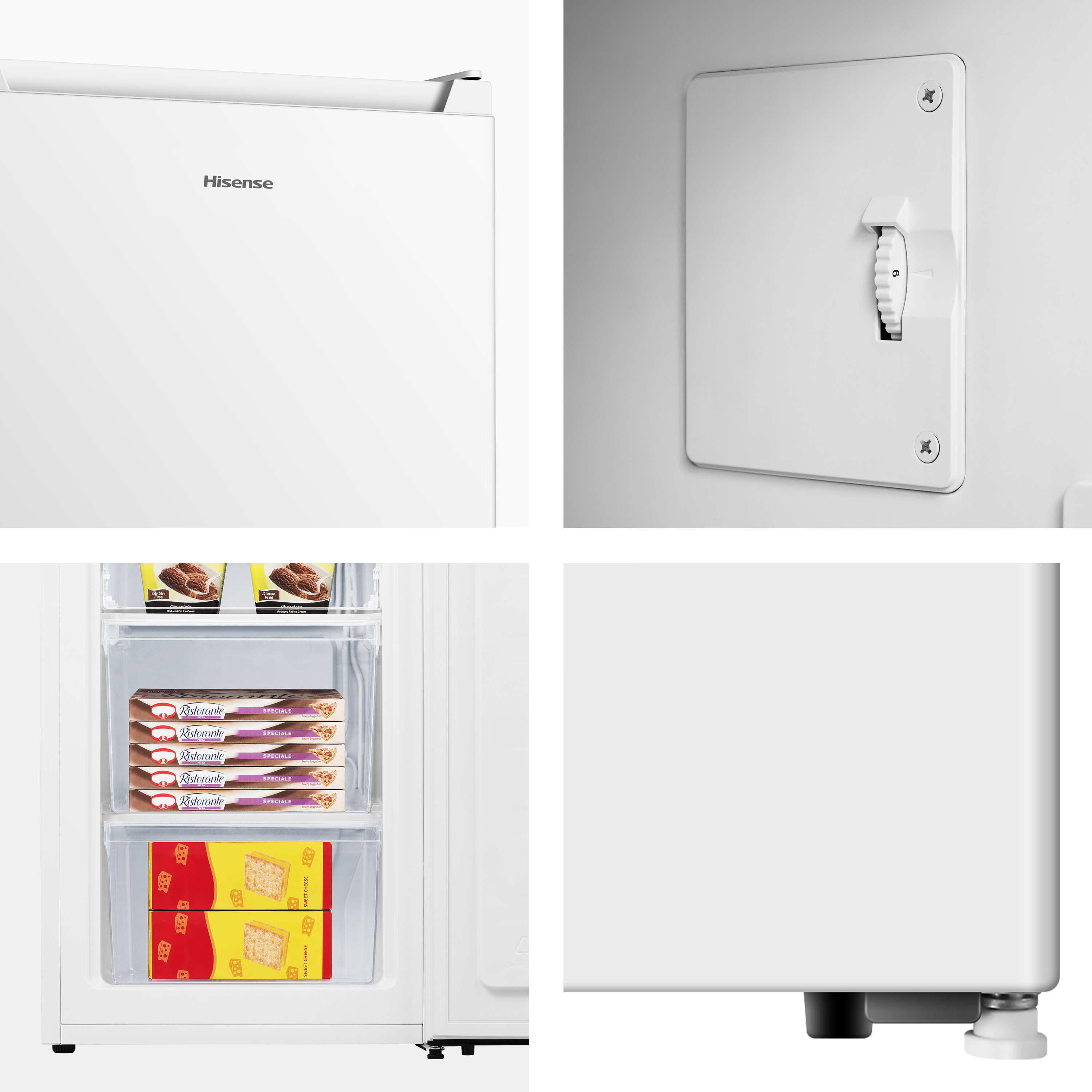 Un réfrigérateur blanc avec logo Hisense, tiroirs congélateur avec glace et pizza.