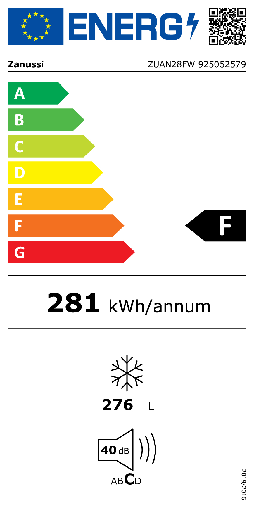 Etiqueta energética: Zanussi, eficiencia F, 281 kWh/año, 276 L, 40 dB.